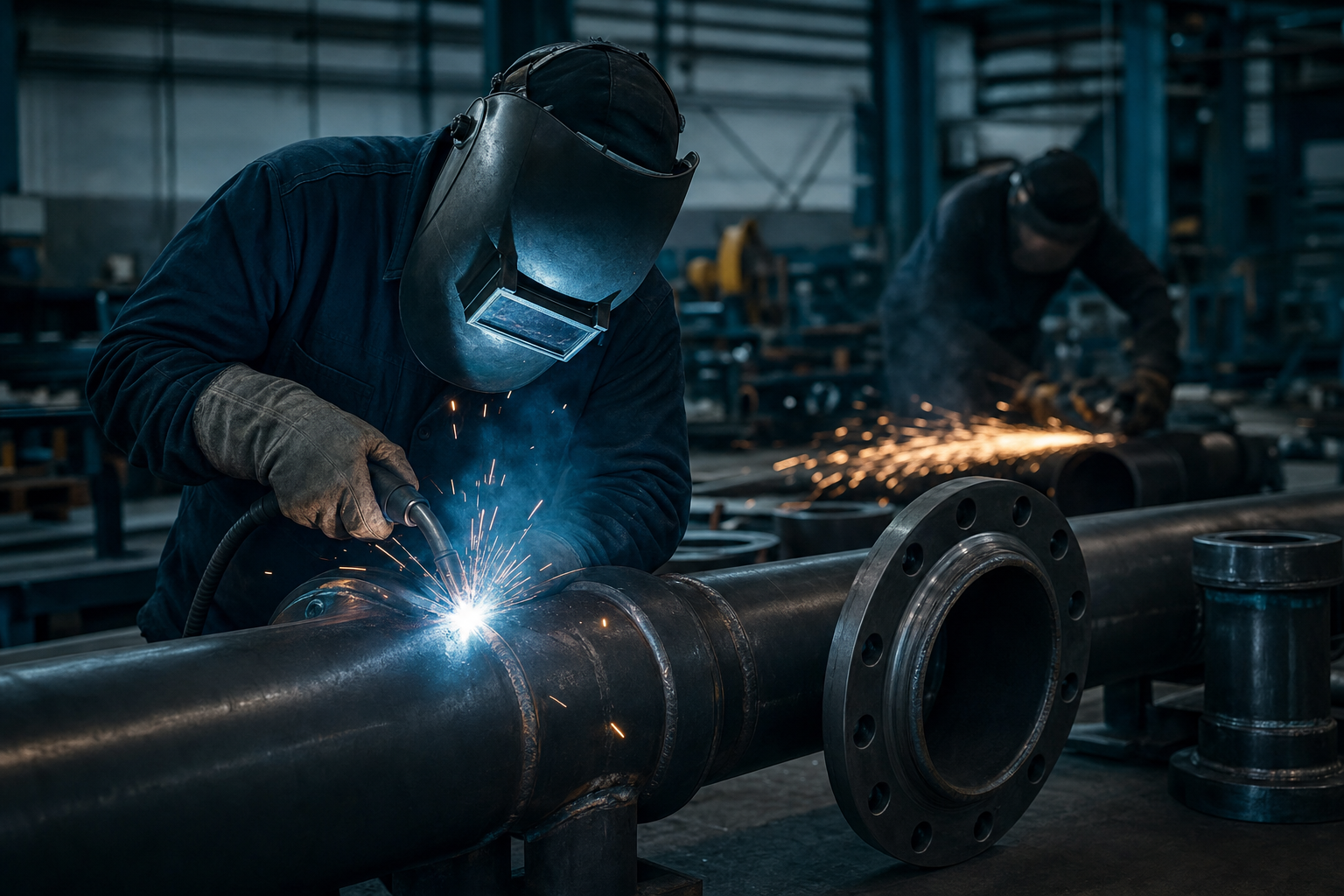 Welder fabricating a steel pipe spool with sparks in a workshop
