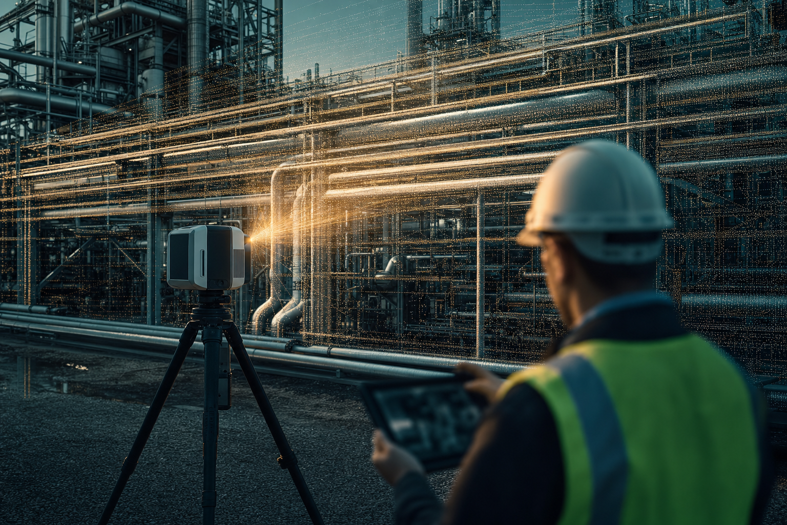 Engineer operating a 3D laser scanner over a complex pipe rack